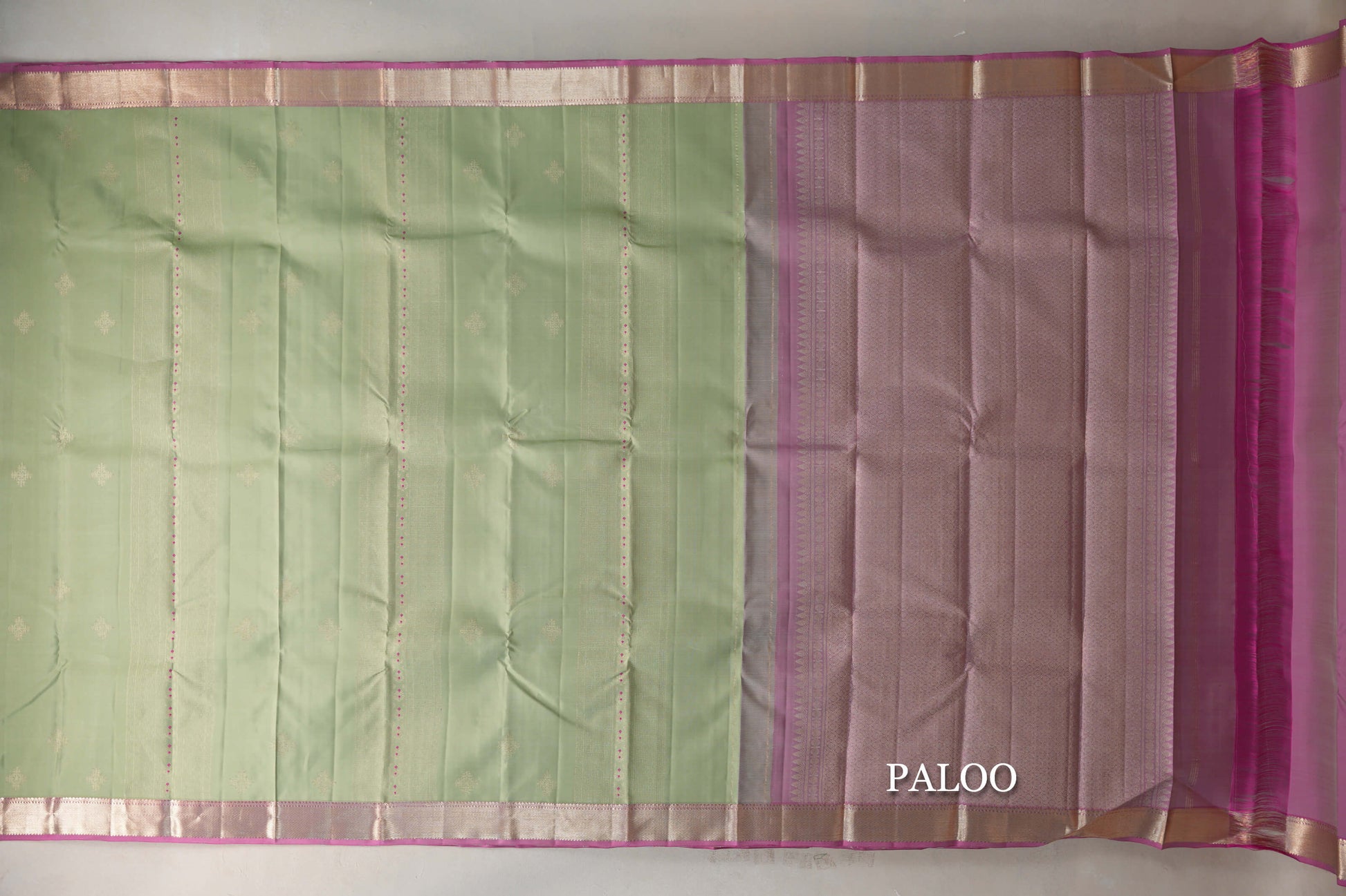 Pistachio Green with Dusty Pink Borders Vintage Kanjivaram Silk Saree paloo