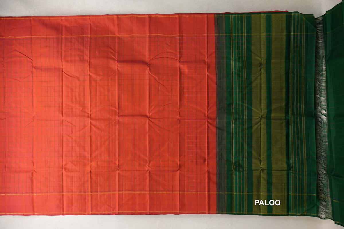 Reddish Orange with Rettai Pettu Borders Vintage Kanjivaram Silk Saree paloo