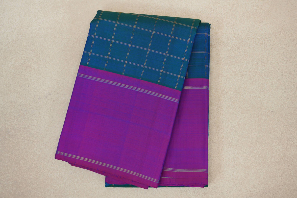 Peacock Blue with Dual Tone of Violet and Magenta Rettai Pettu Borders Vintage Kanjivaram Silk Saree 