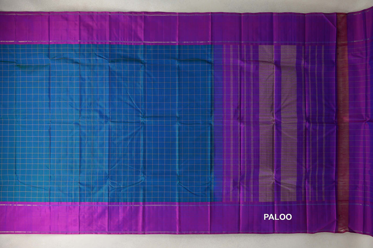 Peacock Blue with Dual Tone of Violet and Magenta Rettai Pettu Borders Vintage Kanjivaram Silk Saree paloo