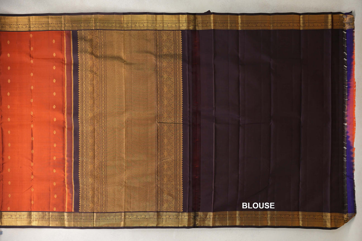 Dark Rust with Kanjana Brown Borders Vintage Kanjivaram Silk Saree blouse