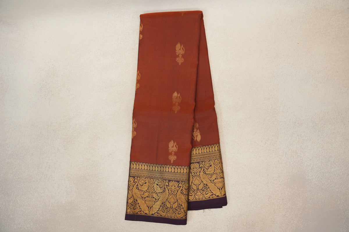 Online Dark Rust with Deep Plum Borders Vintage Kanjivaram Silk Saree
