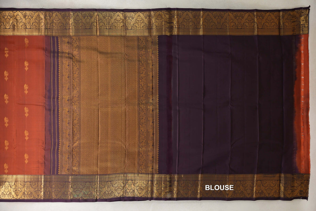 Dark Rust with Deep Plum Borders Vintage Kanjivaram Silk Saree blouse