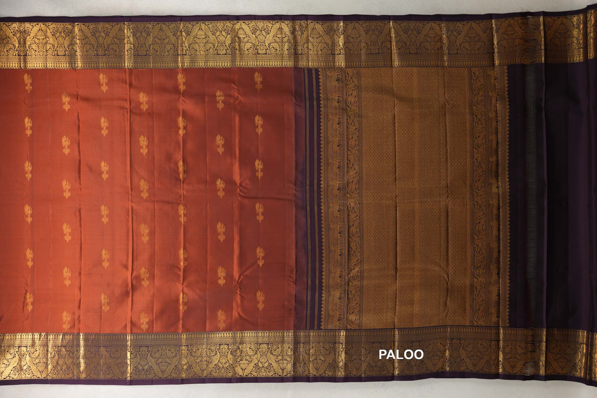 Dark Rust with Deep Plum Borders Vintage Kanjivaram Silk Saree paloo
