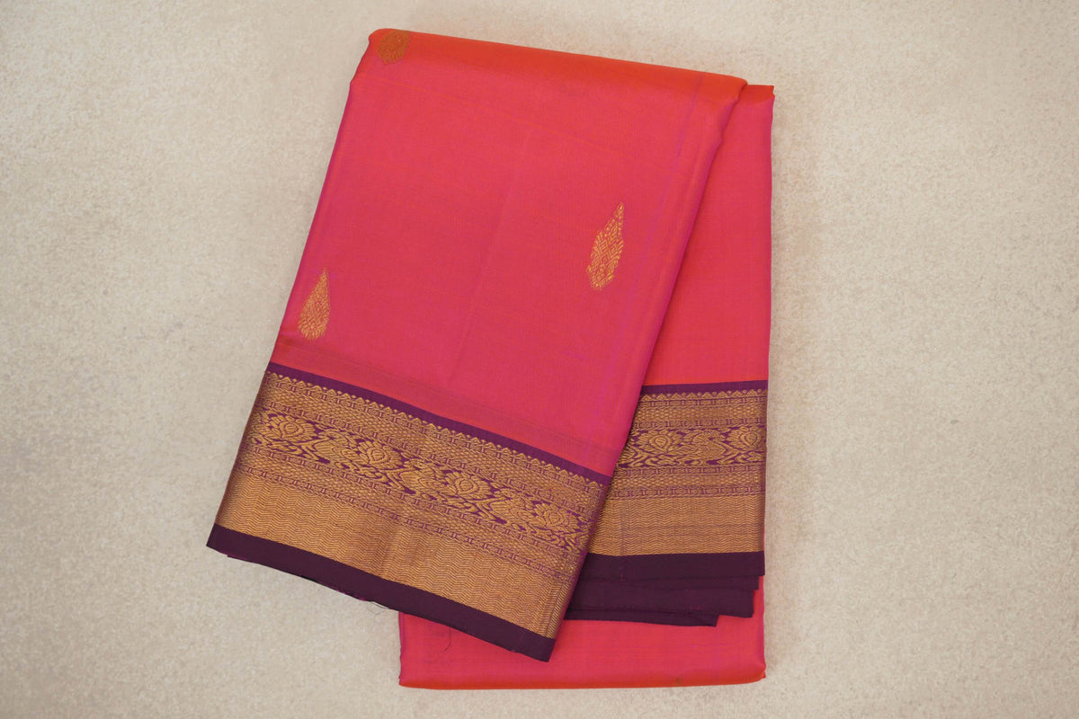 Orangish Pink with Deep Magenta Borders Vintage Kanjivaram Silk Saree 