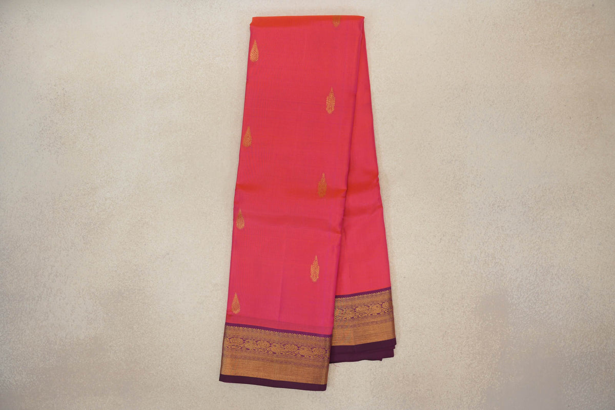 Online Orangish Pink with Deep Magenta Borders Vintage Kanjivaram Silk Saree 