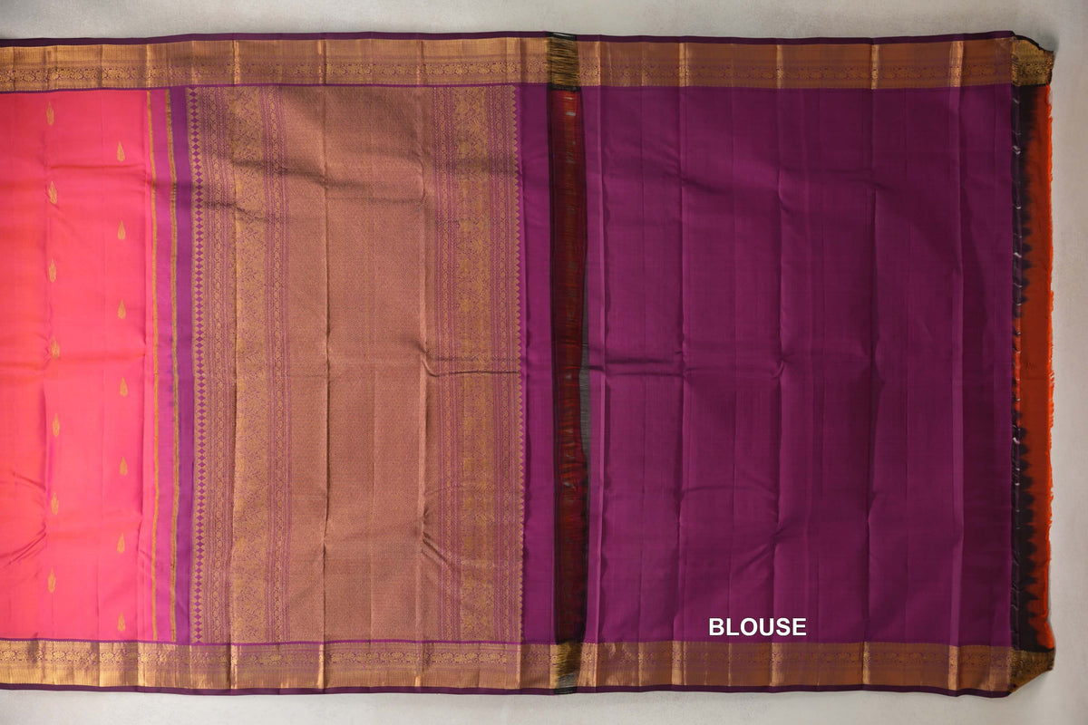 Orangish Pink with Deep Magenta Borders Vintage Kanjivaram Silk Saree blouse