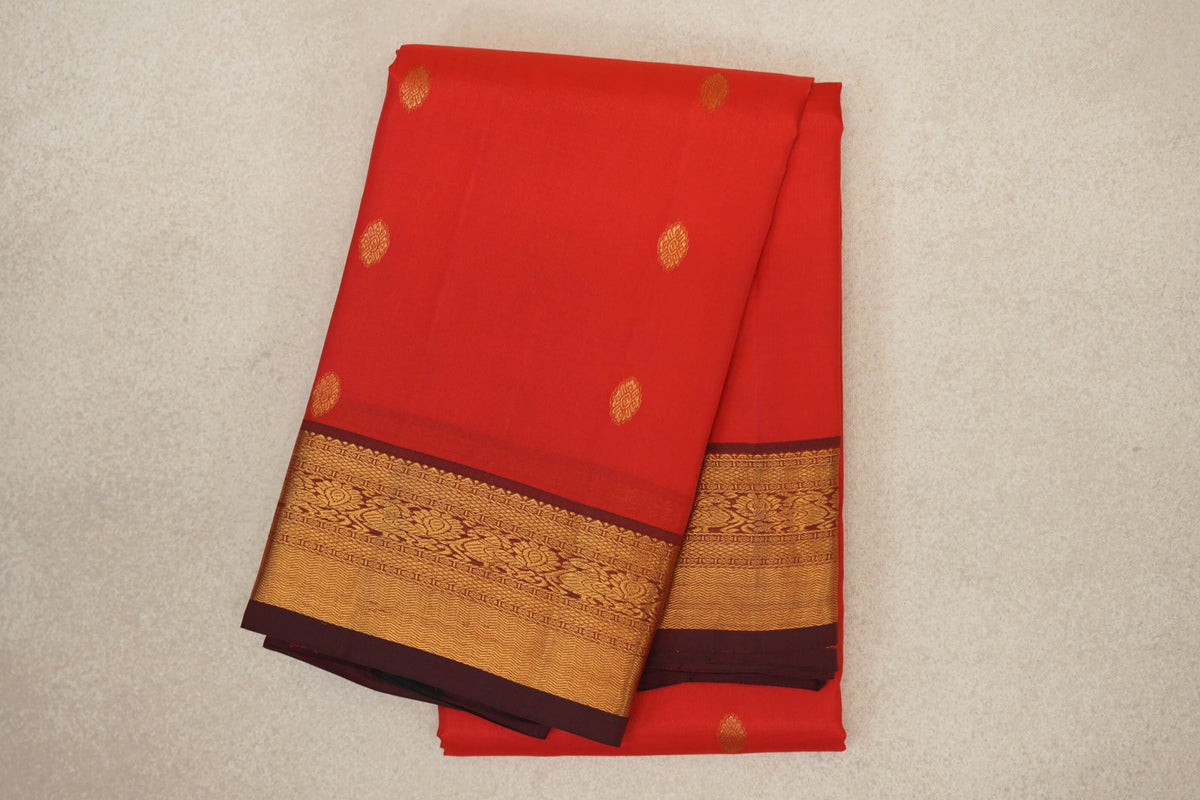 Bright Tomato Red with Deep Maroon Borders Vintage Kanjivaram Silk Saree