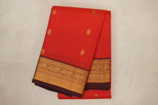 Bright Tomato Red with Deep Maroon Borders Vintage Kanjivaram Silk Saree