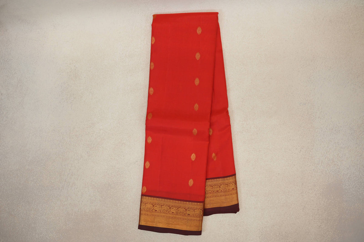 Online Bright Tomato Red with Deep Maroon Borders Vintage Kanjivaram Silk Saree