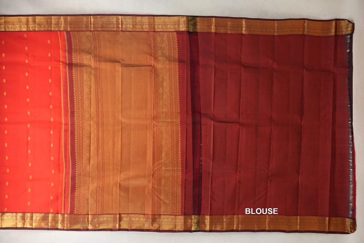 Bright Tomato Red with Deep Maroon Borders Vintage Kanjivaram Silk Saree blouse