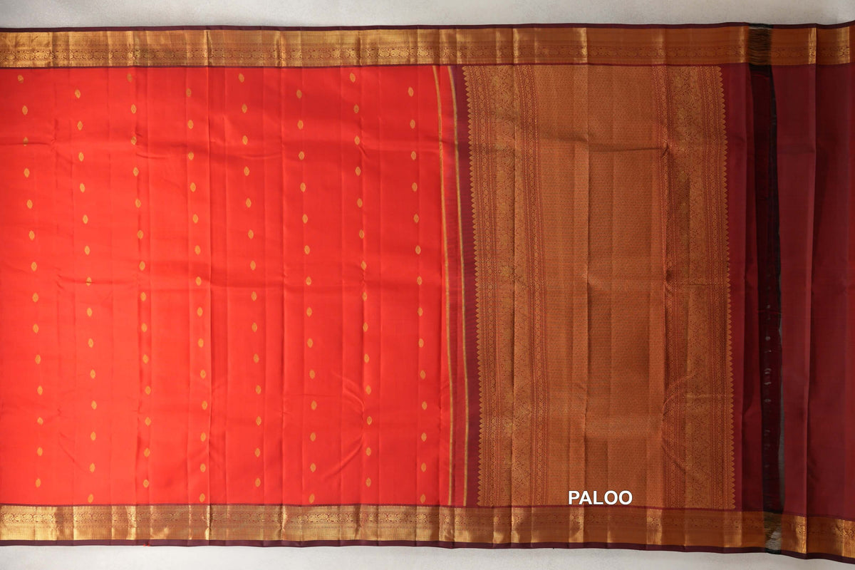 Bright Tomato Red with Deep Maroon Borders Vintage Kanjivaram Silk Saree paloo