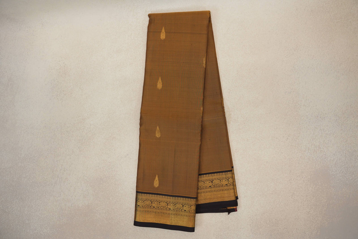 Online Antique Mustard Gold with Kanjana Brown Borders Vintage Kanjivaram Silk Saree