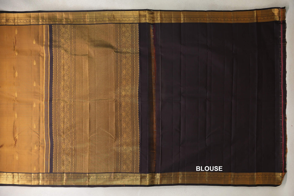 Antique Mustard Gold with Kanjana Brown Borders Vintage Kanjivaram Silk Saree blouse