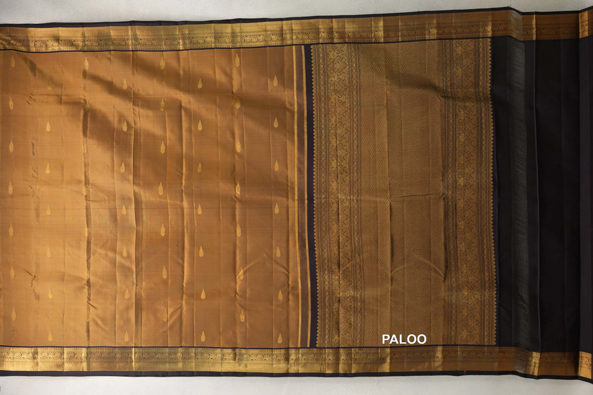 Antique Mustard Gold with Kanjana Brown Borders Vintage Kanjivaram Silk Saree paloo