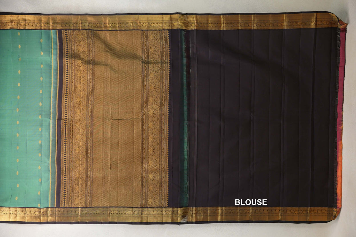 Sea Green with Kanjana Brown Borders Vintage Kanjivaram Silk Saree blouse