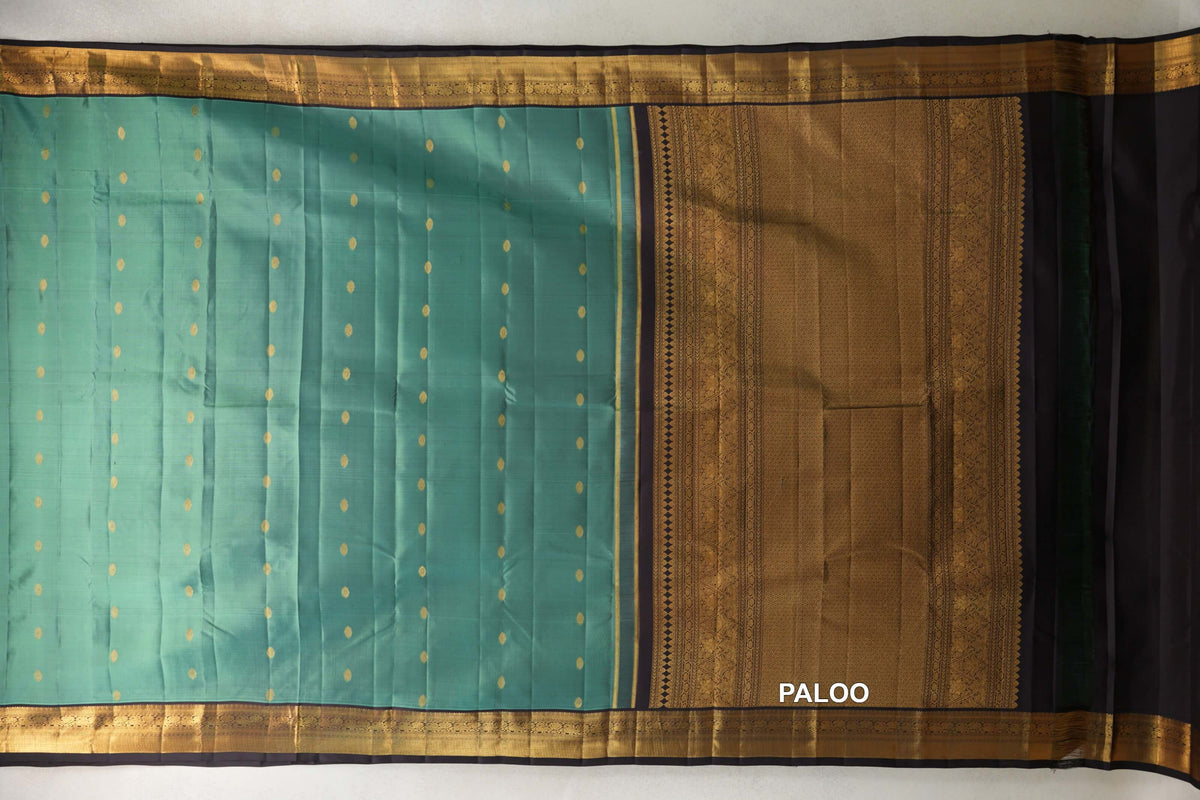 Sea Green with Kanjana Brown Borders Vintage Kanjivaram Silk Saree paloo