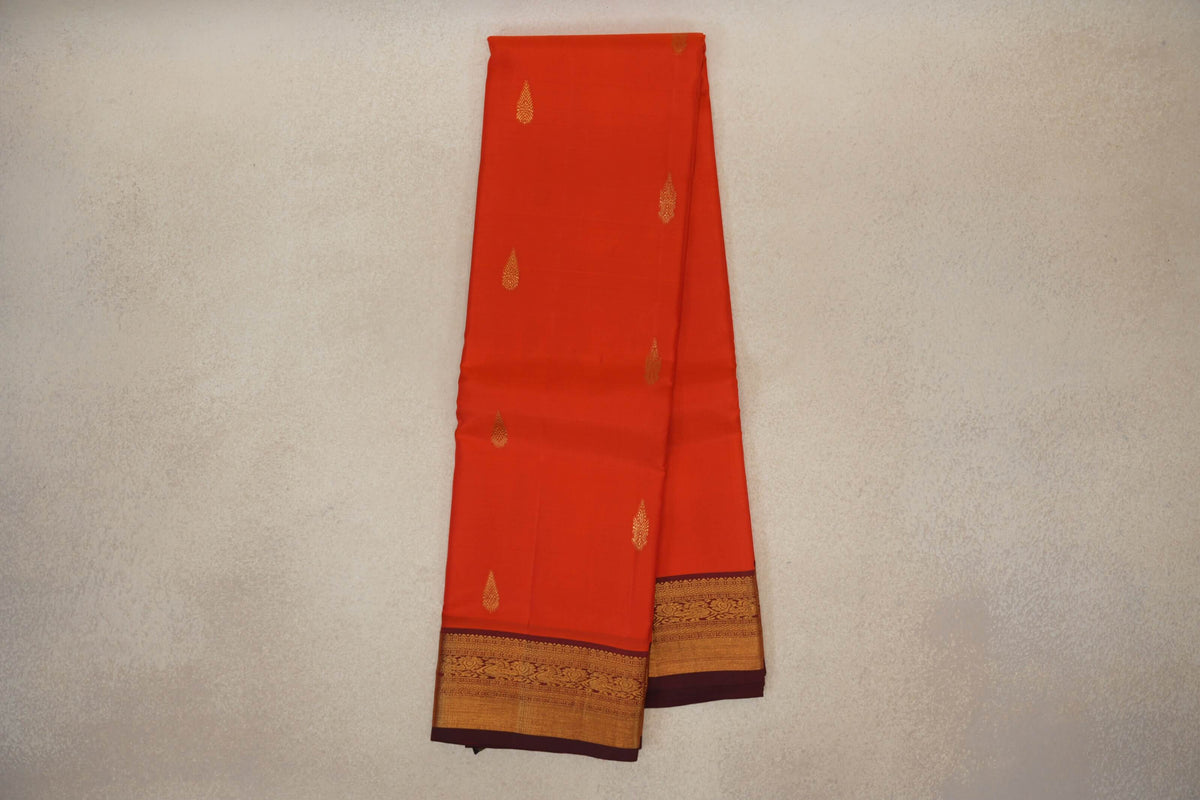 Online Bright Reddish Orange with Deep Maroon Borders Vintage Kanjivaram Silk Saree 
