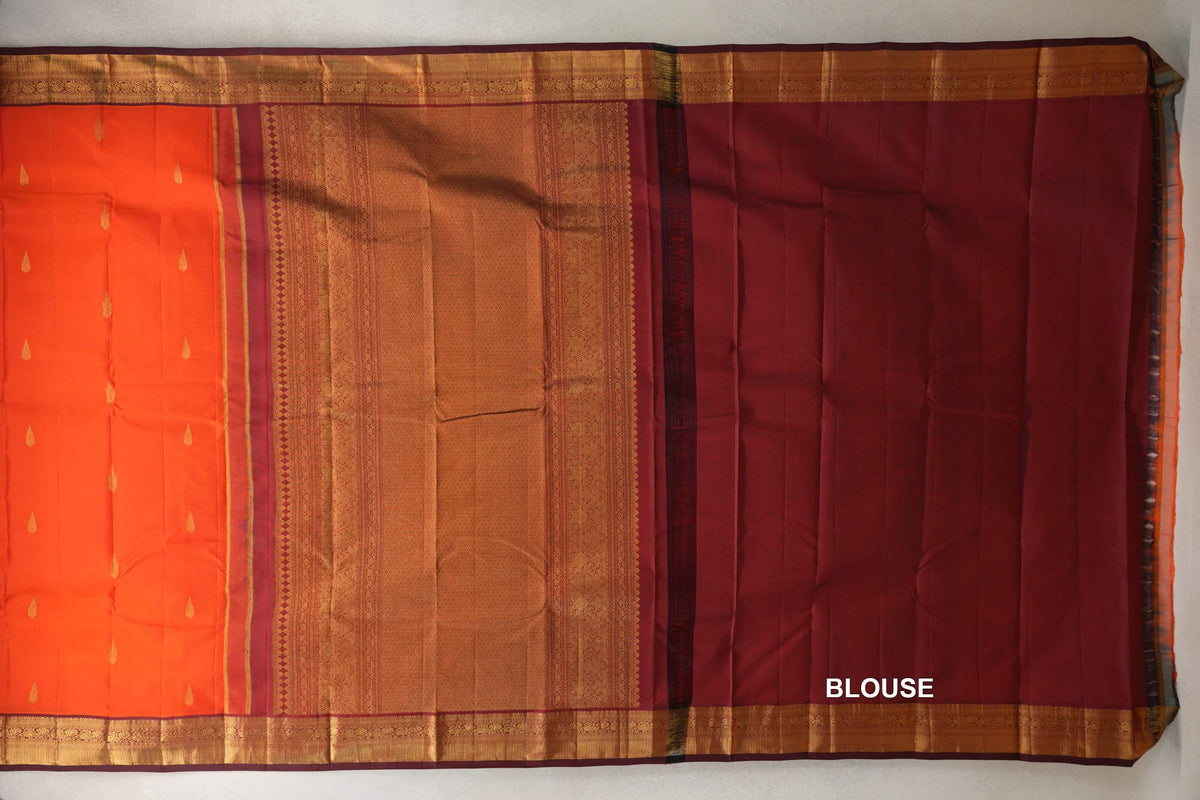 Bright Reddish Orange with Deep Maroon Borders Vintage Kanjivaram Silk Saree  blouse