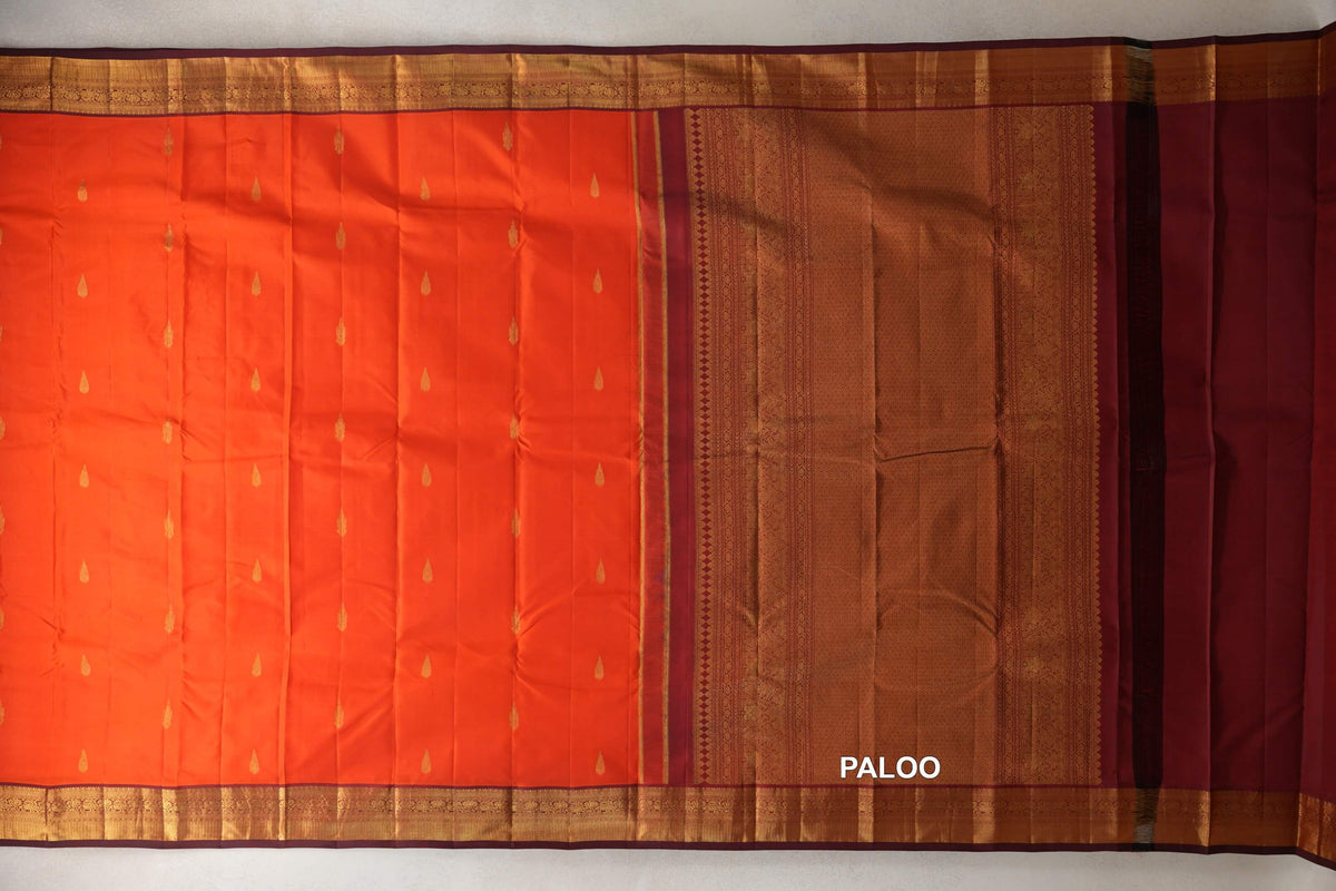 Bright Reddish Orange with Deep Maroon Borders Vintage Kanjivaram Silk Saree paloo