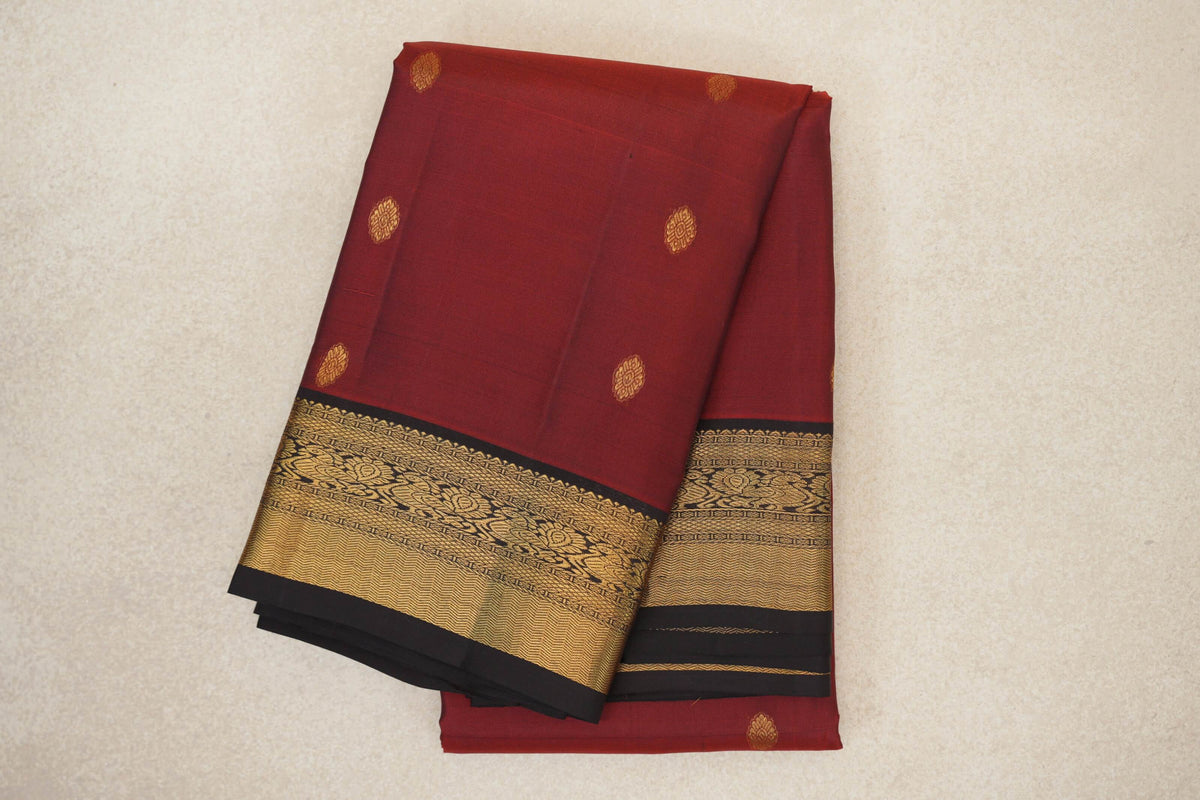Dark Cherry Red with Kanjana Brown Borders Vintage Kanjivaram Silk Saree 