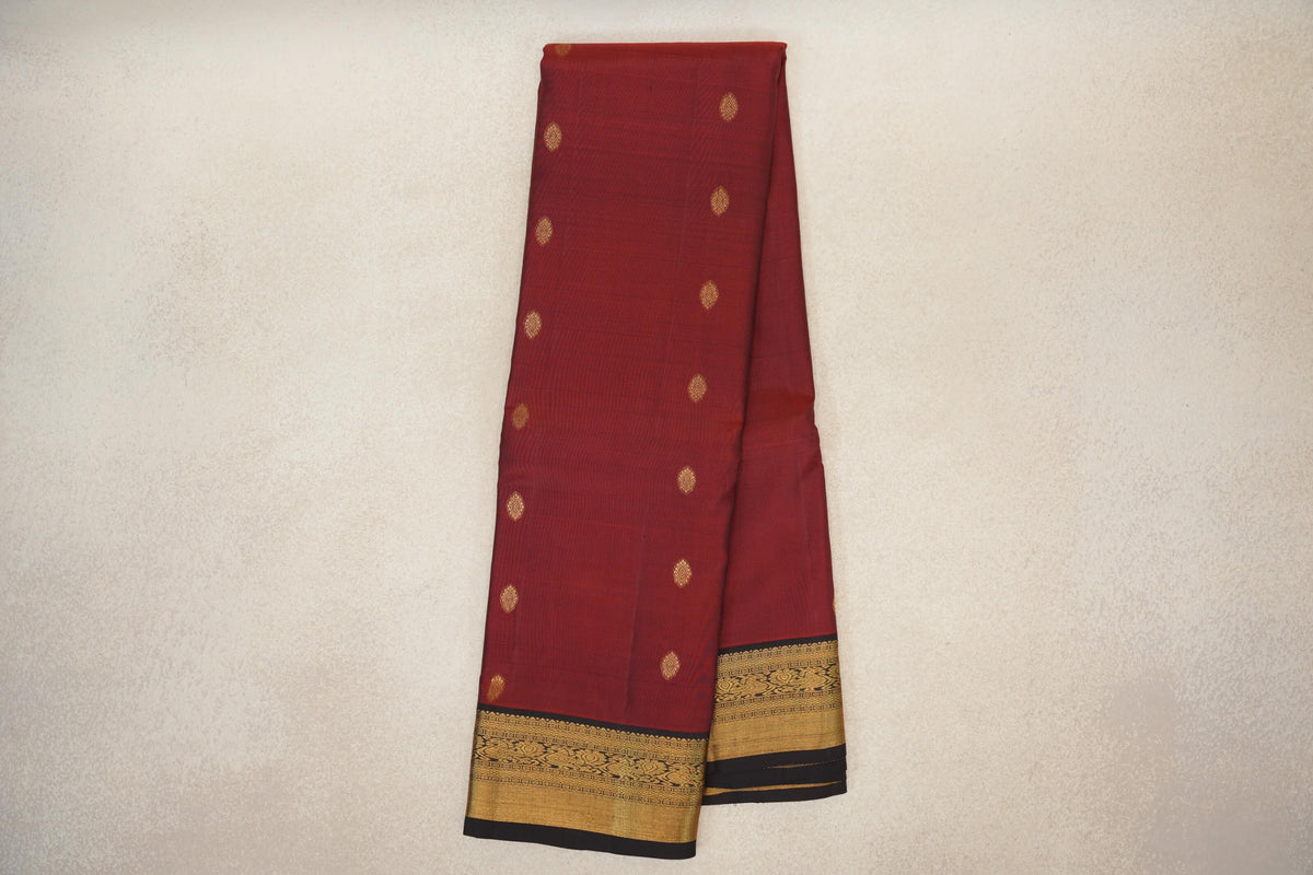 Online Dark Cherry Red with Kanjana Brown Borders Vintage Kanjivaram Silk Saree 