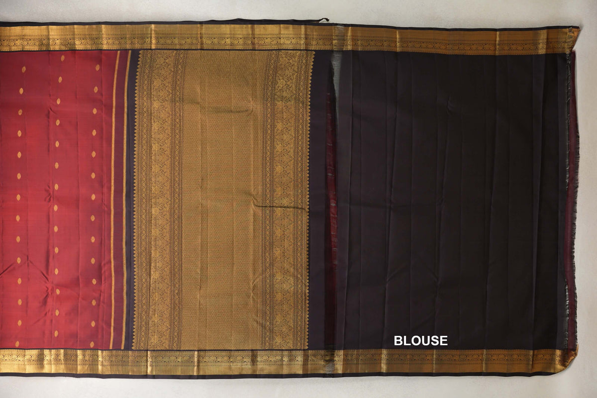 Dark Cherry Red with Kanjana Brown Borders Vintage Kanjivaram Silk Saree  blouse