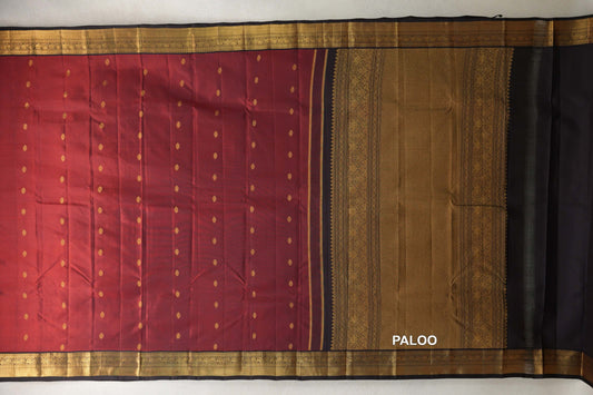 Dark Cherry Red with Kanjana Brown Borders Vintage Kanjivaram Silk Saree paloo