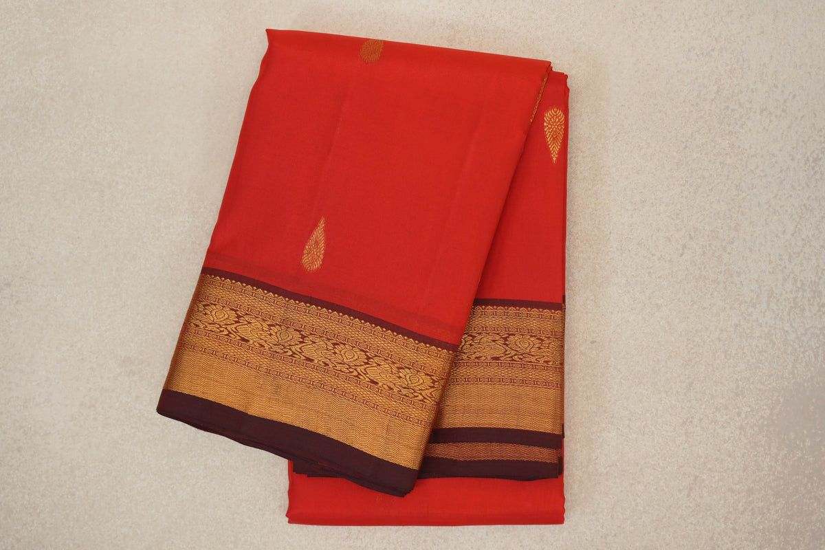 Bright Tomato Red with Deep Maroon Borders Vintage Kanjivaram Silk Saree 