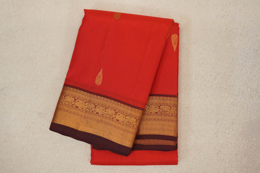Bright Tomato Red with Deep Maroon Borders Vintage Kanjivaram Silk Saree 