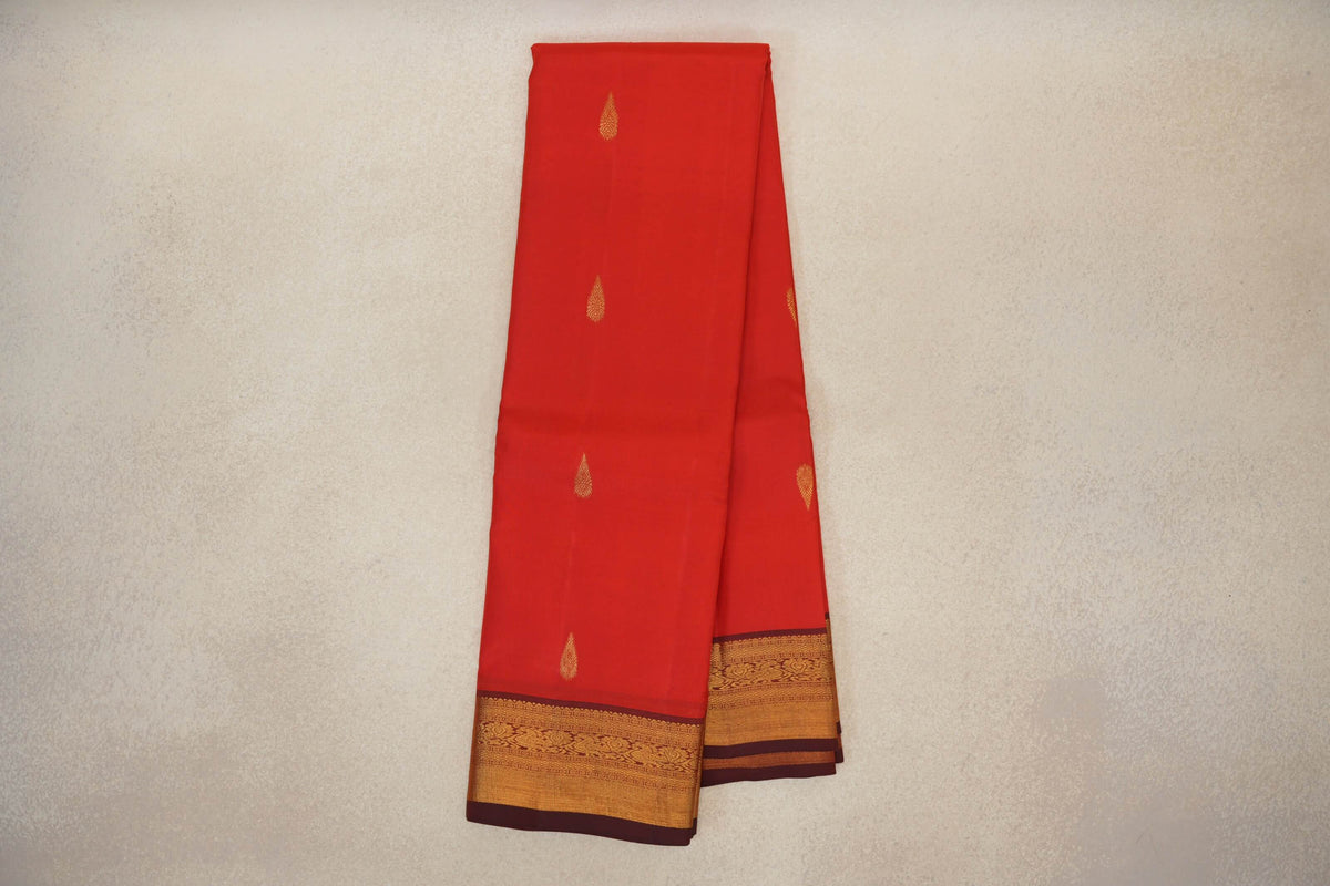 Online Bright Tomato Red with Deep Maroon Borders Vintage Kanjivaram Silk Saree 