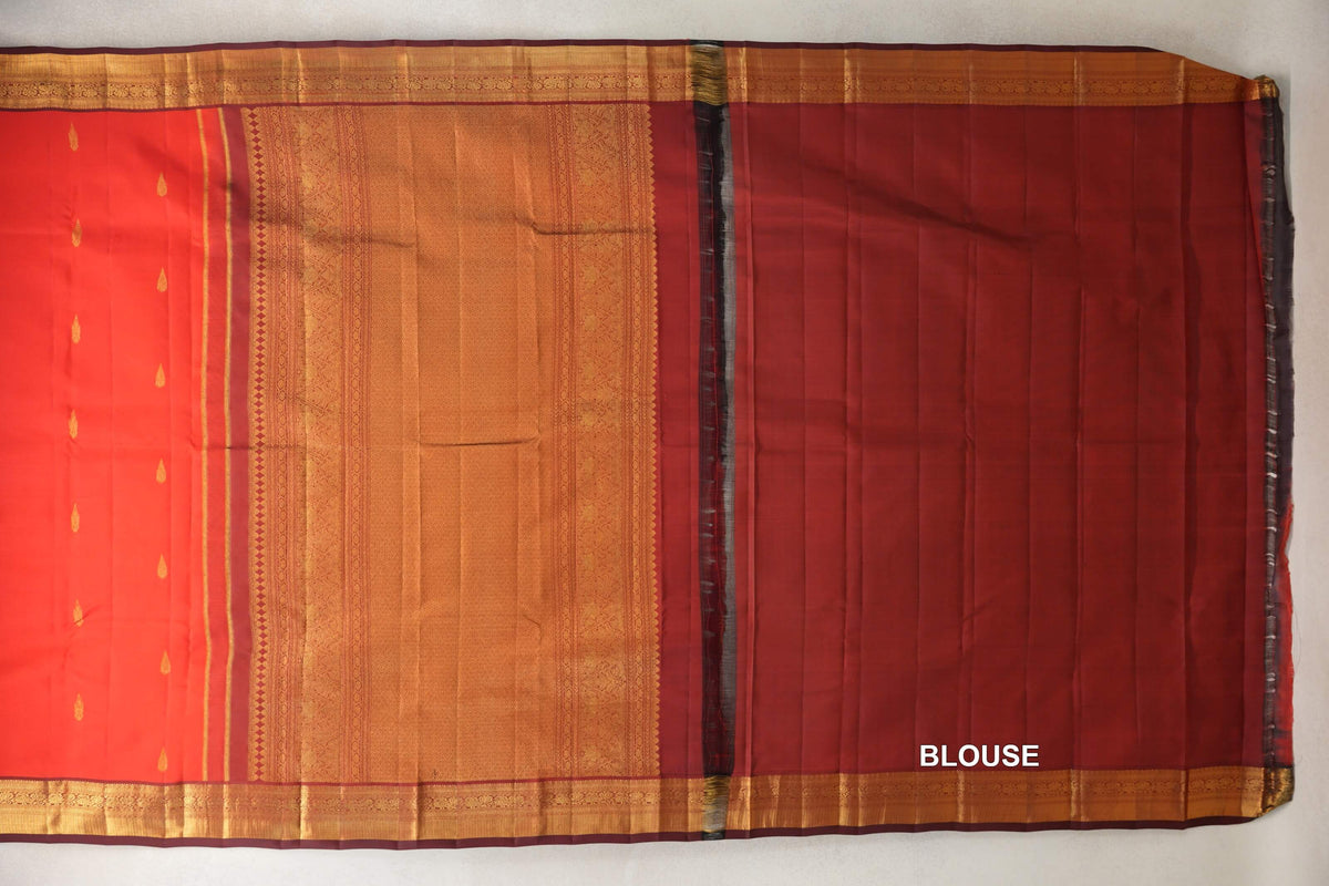 Bright Tomato Red with Deep Maroon Borders Vintage Kanjivaram Silk Saree blouse