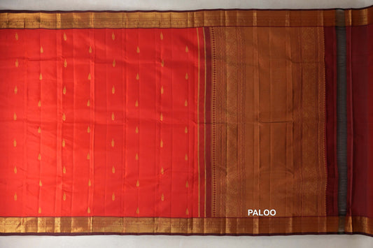 Bright Tomato Red with Deep Maroon Borders Vintage Kanjivaram Silk Saree paloo
