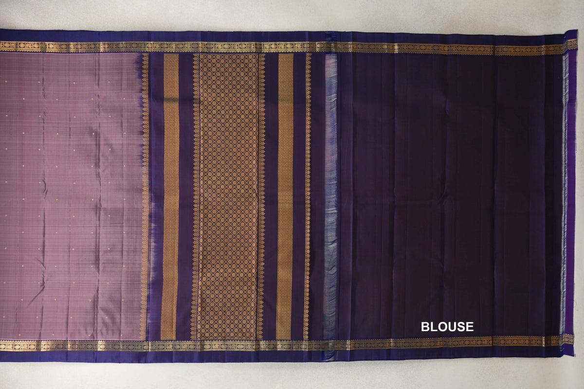 Dusty Lavender Pink with Deep Blue Borders Vintage Kanjivaram Silk Saree blouse