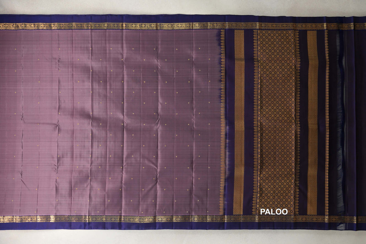 Dusty Lavender Pink with Deep Blue Borders Vintage Kanjivaram Silk Saree paloo