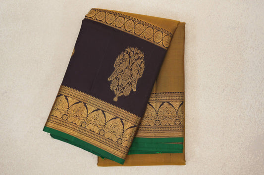 Golden Olive Green with Deep Plum with Emerald Green Selvedge Borders Light Weight Kanjivaram Silk Saree