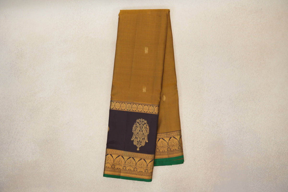 Online Golden Olive Green with Deep Plum with Emerald Green Selvedge Borders Light Weight Kanjivaram Silk Saree