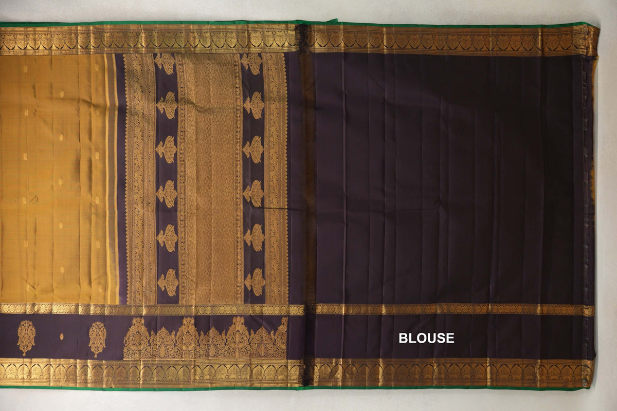 Golden Olive Green with Deep Plum with Emerald Green Selvedge Borders Light Weight Kanjivaram Silk Saree blouse
