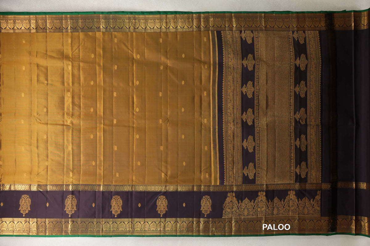 Golden Olive Green with Deep Plum with Emerald Green Selvedge Borders Light Weight Kanjivaram Silk Saree paloo