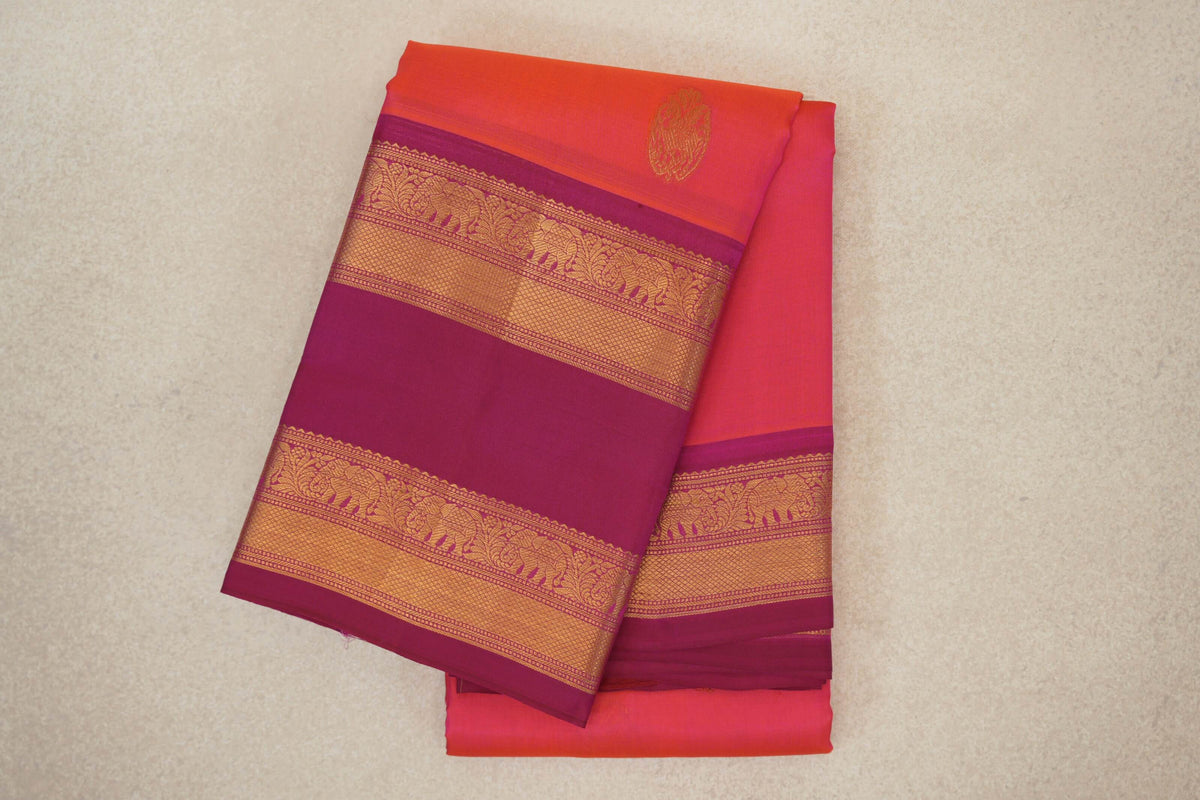 Orangish Pink with Reddish Magenta Rettai Pettu Borders Light Weight Kanjivaram Silk Saree 