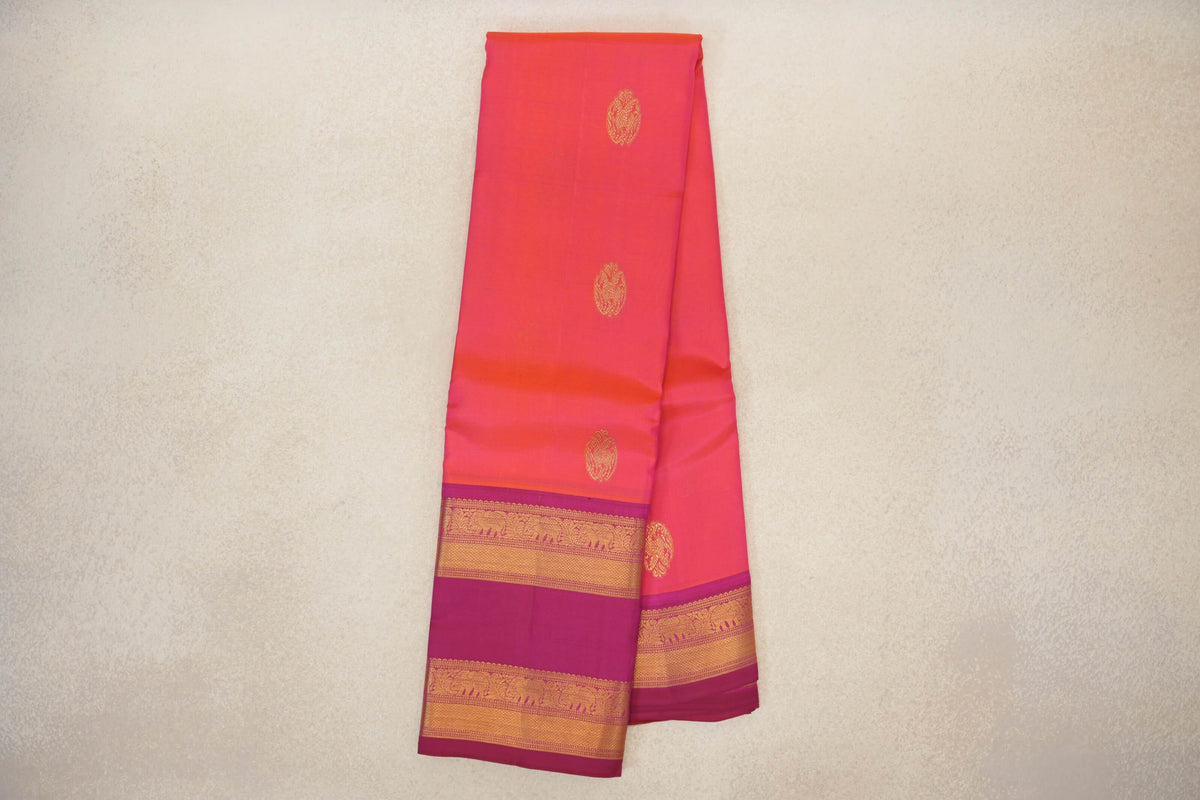 Online Orangish Pink with Reddish Magenta Rettai Pettu Borders Light Weight Kanjivaram Silk Saree 