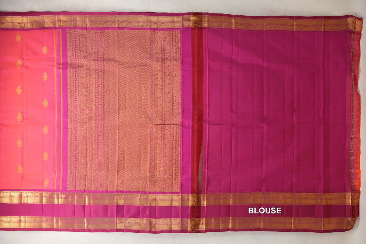 Orangish Pink with Reddish Magenta Rettai Pettu Borders Light Weight Kanjivaram Silk Saree blouse