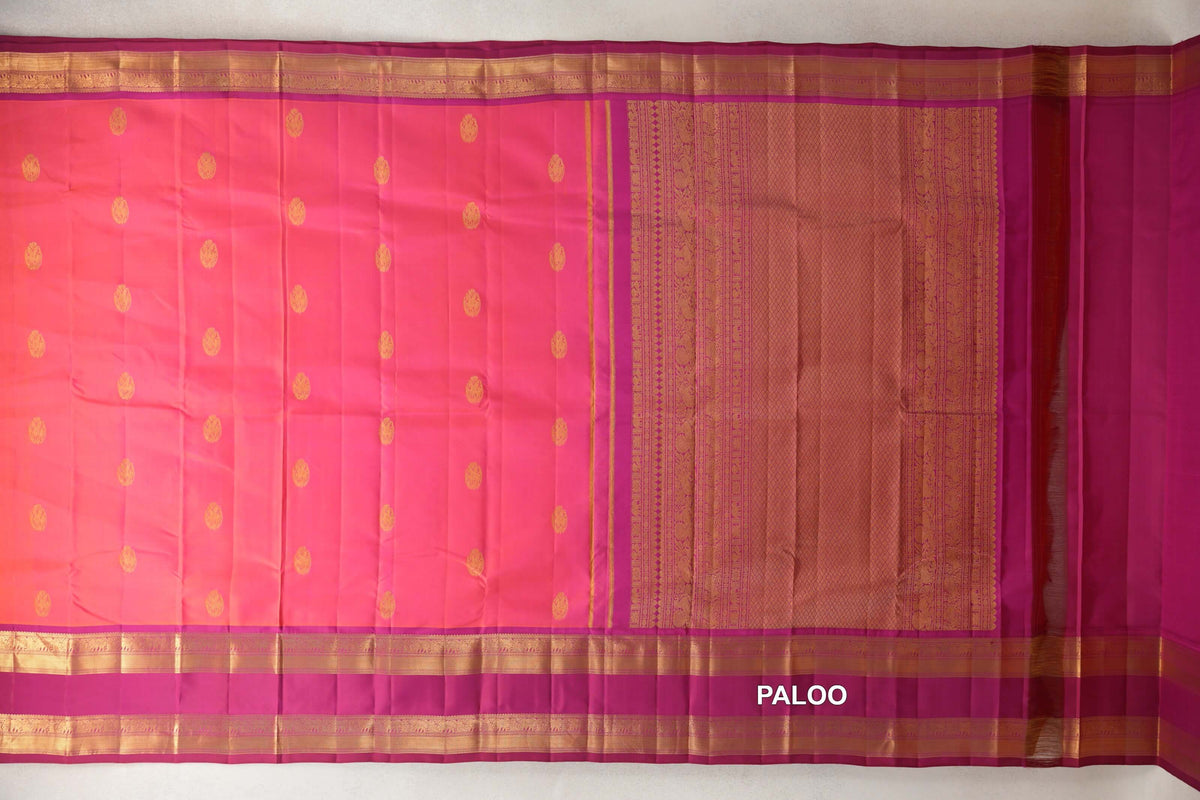 Orangish Pink with Reddish Magenta Rettai Pettu Borders Light Weight Kanjivaram Silk Saree  paloo