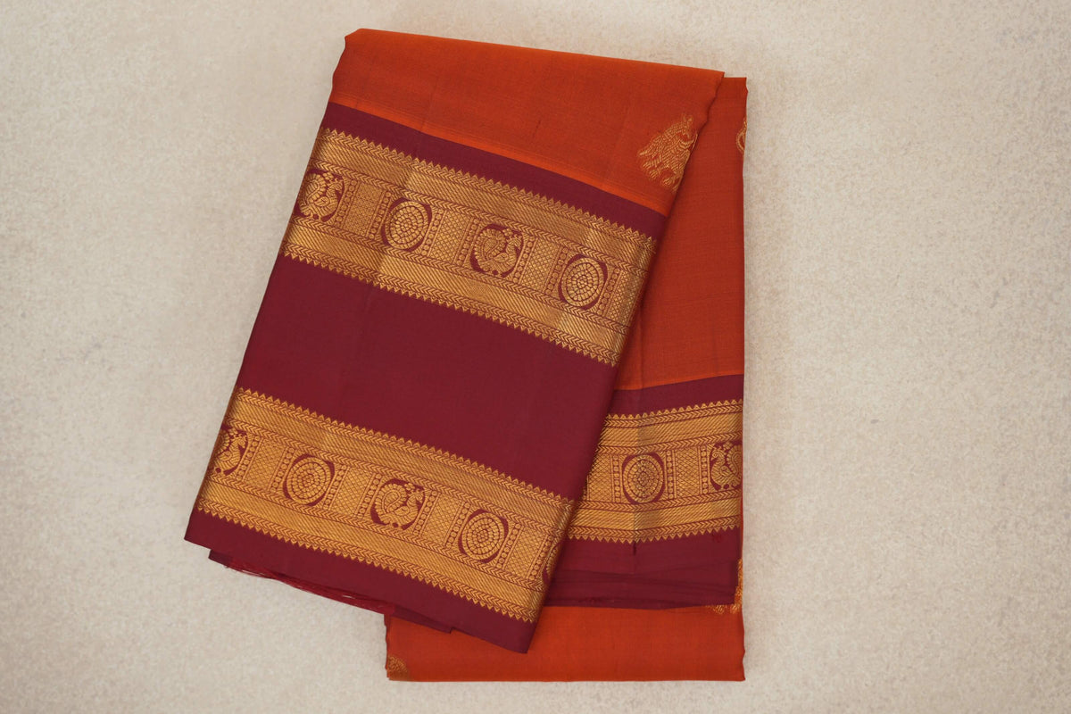 Rust Orange with Deep Reddish Maroon Rettai Pettu Borders Light Weight Kanjivaram Silk Saree