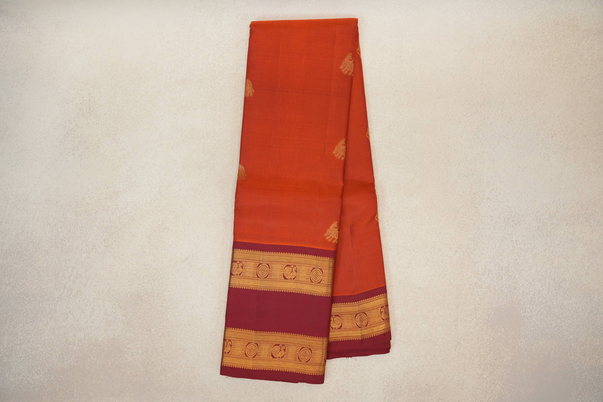 Online Rust Orange with Deep Reddish Maroon Rettai Pettu Borders Light Weight Kanjivaram Silk Saree