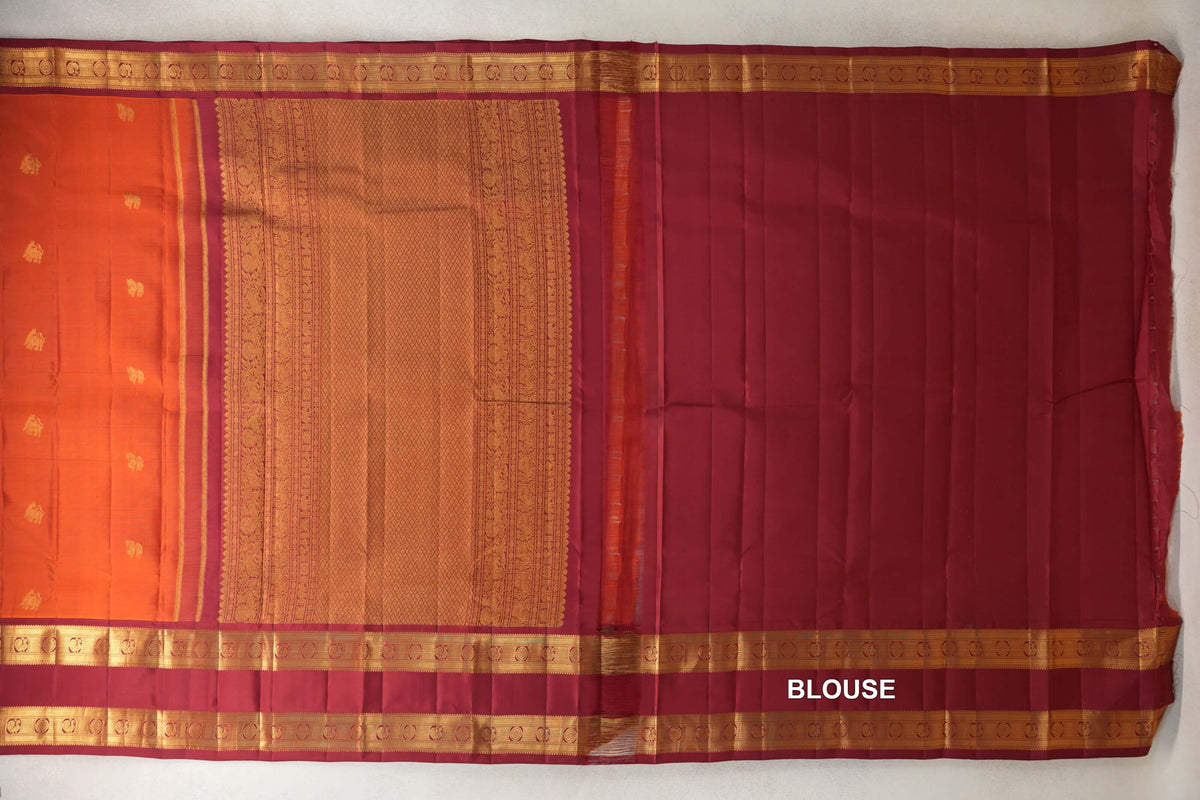 Rust Orange with Deep Reddish Maroon Rettai Pettu Borders Light Weight Kanjivaram Silk Saree blouse