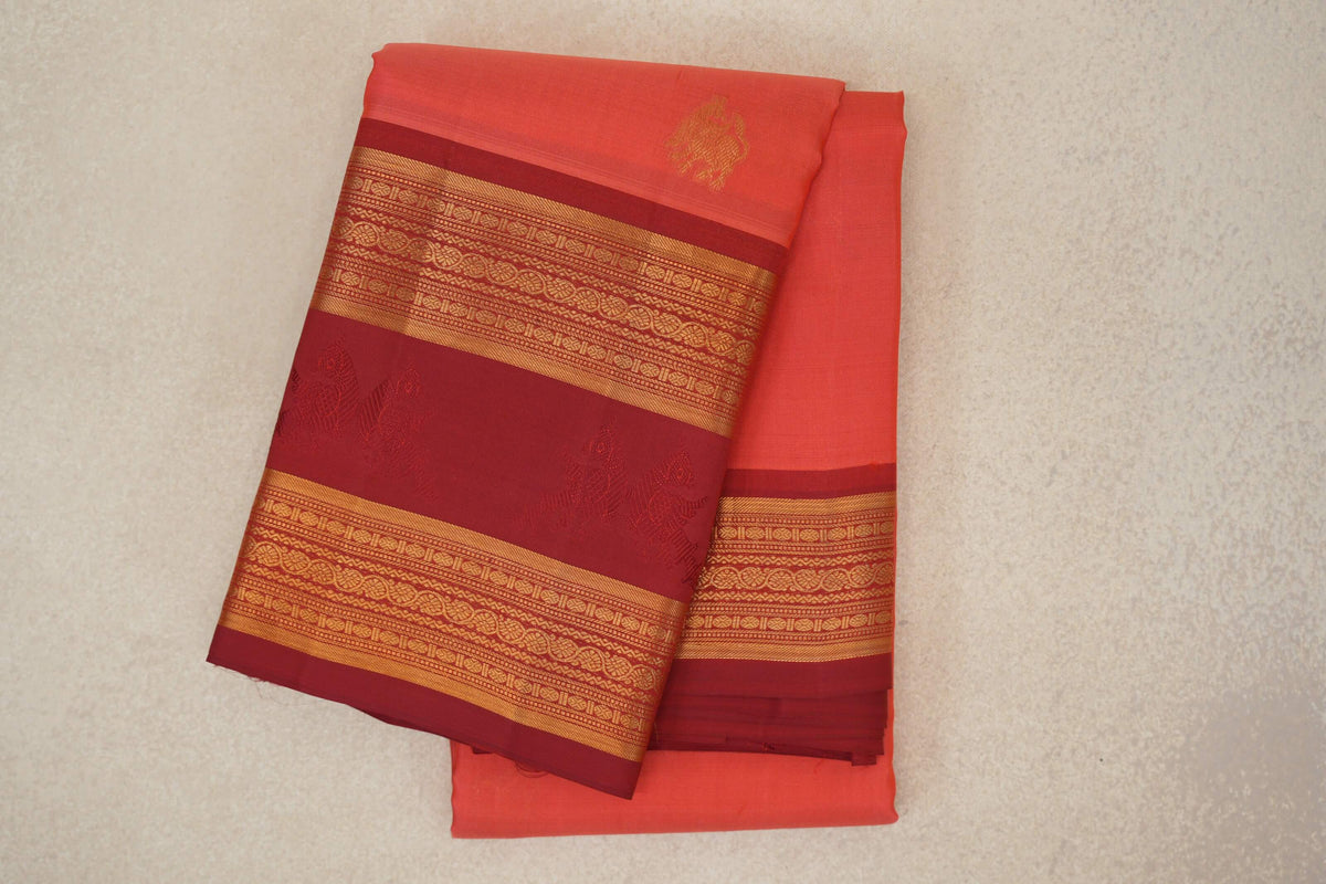 Coral Pink with Deep Maroon Rettai Pettu Borders Light Weight Kanjivaram Silk Saree