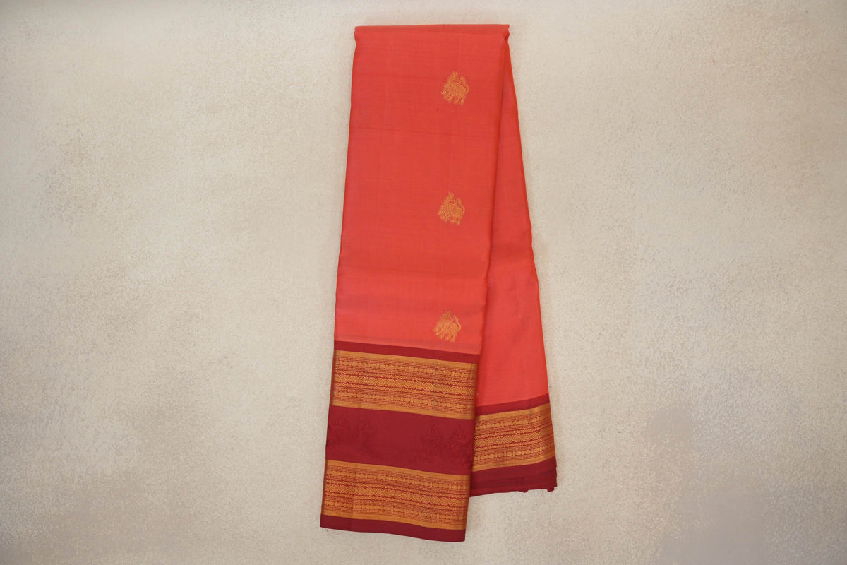 Online Coral Pink with Deep Maroon Rettai Pettu Borders Light Weight Kanjivaram Silk Saree