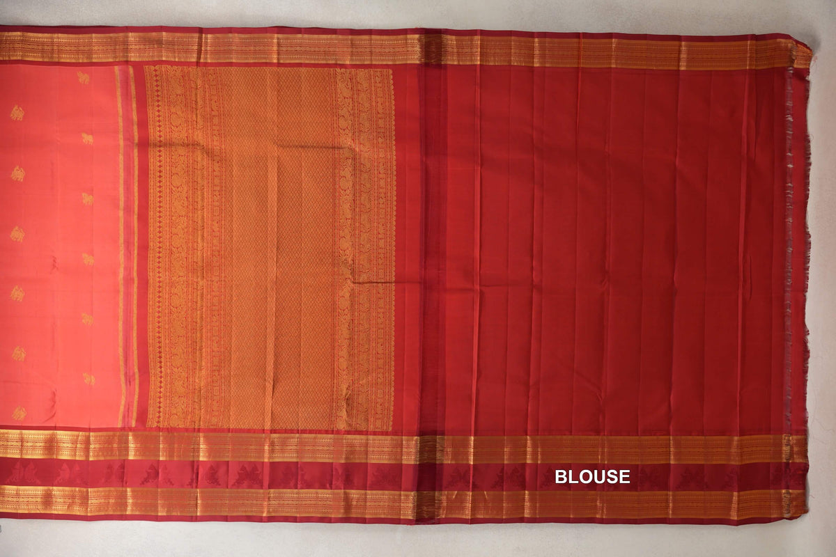 Coral Pink with Deep Maroon Rettai Pettu Borders Light Weight Kanjivaram Silk Saree blouse