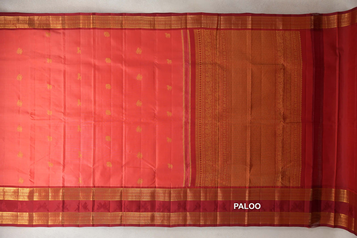 Coral Pink with Deep Maroon Rettai Pettu Borders Light Weight Kanjivaram Silk Saree paloo